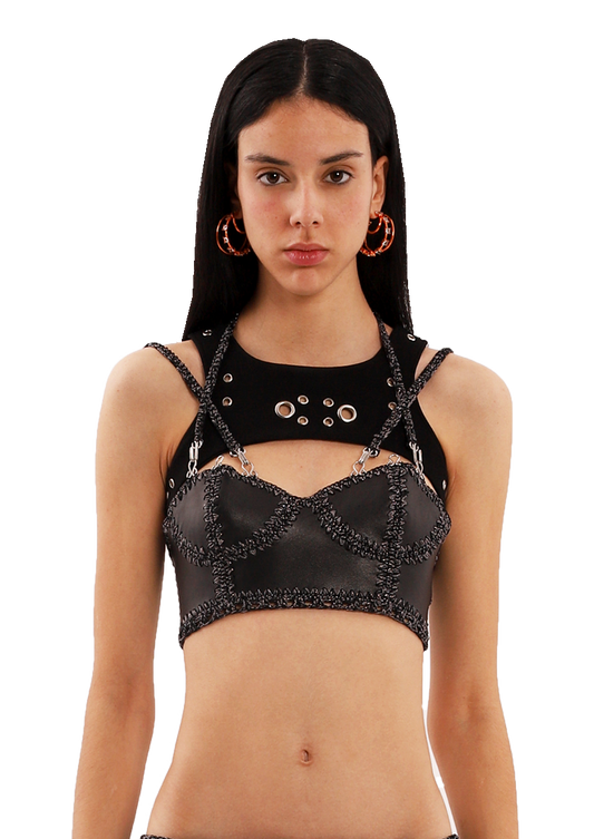 Motoko Leather Bra in Black and Grey