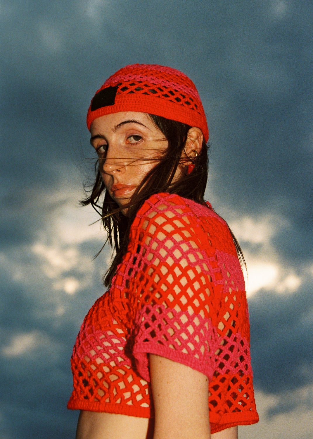 Striped Fishnet Hat in Pink and Red
