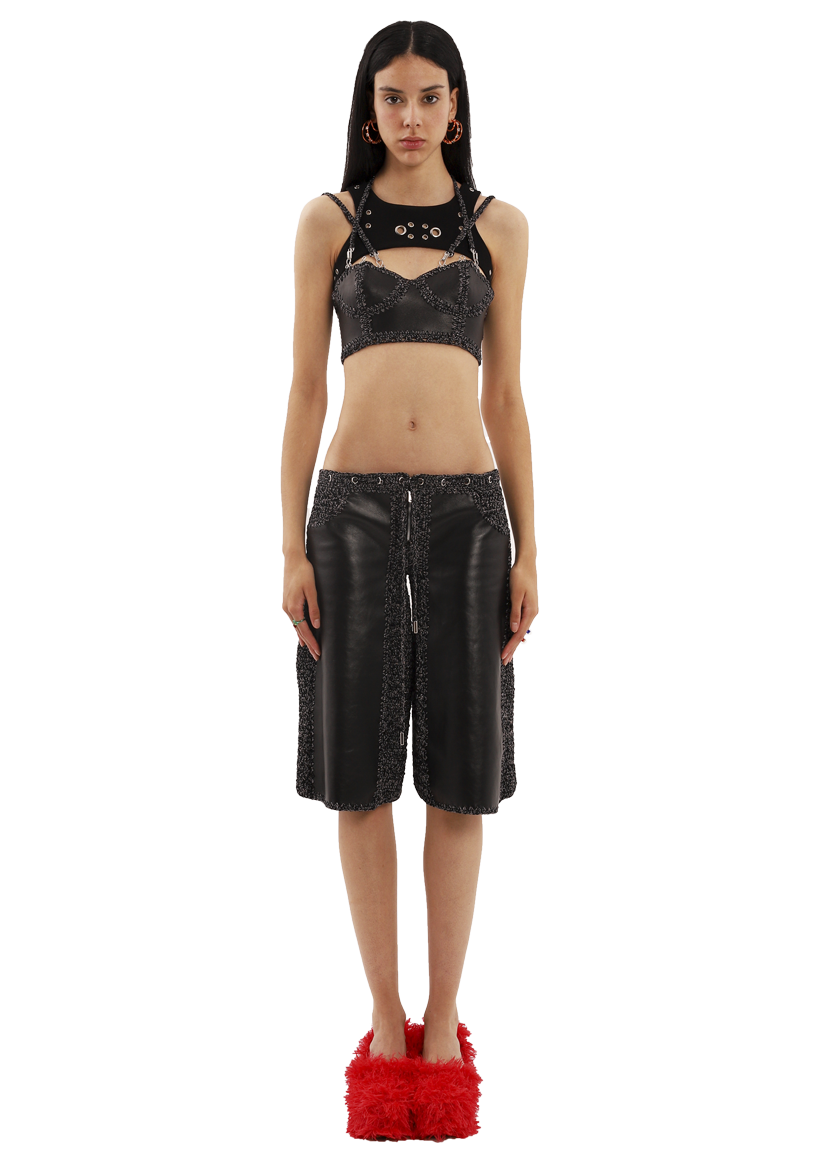 Motoko Leather Bra in Black and Grey