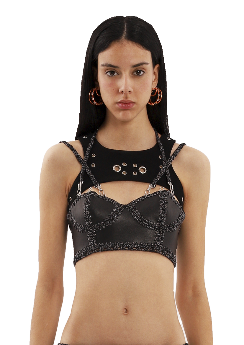 Motoko Leather Bra in Black and Grey